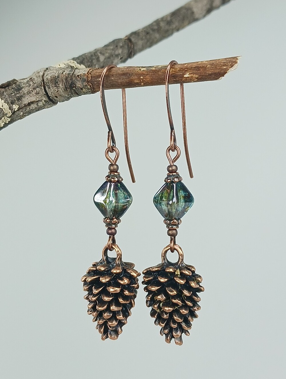 Copper Pinecone Earrings Teal Czech Glass Woodland Nature Jewelry Hand Crafted - Picture 2 of 6